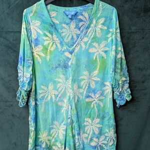Blue Ginger Tropical Palm Print V Neck Blouse / Tunic / Maternity Size Small